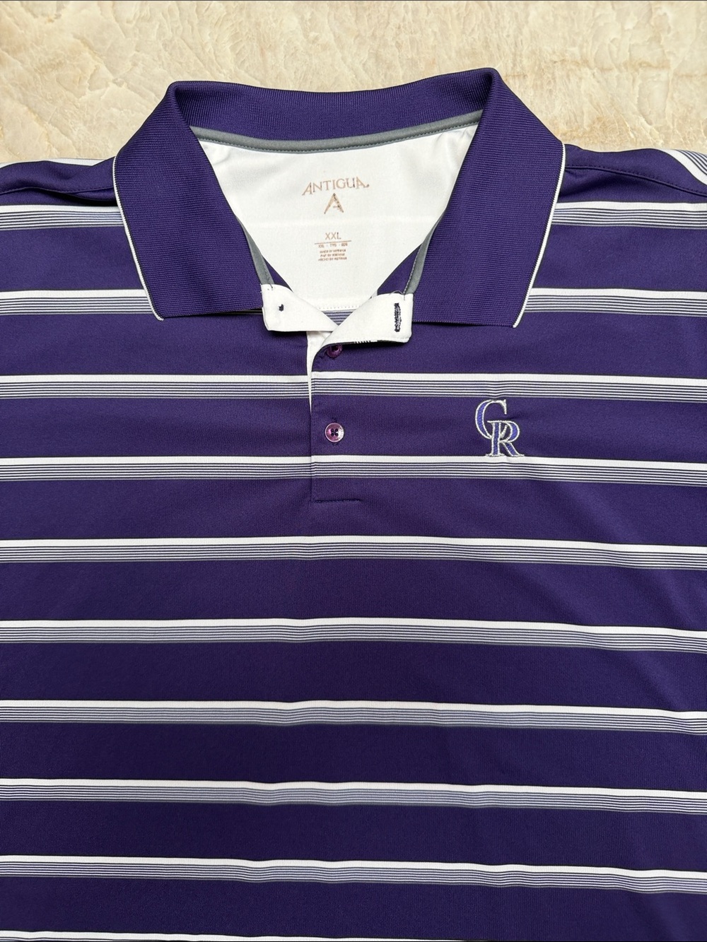 Antigua Purple and White Striped Polo with CR Logo
